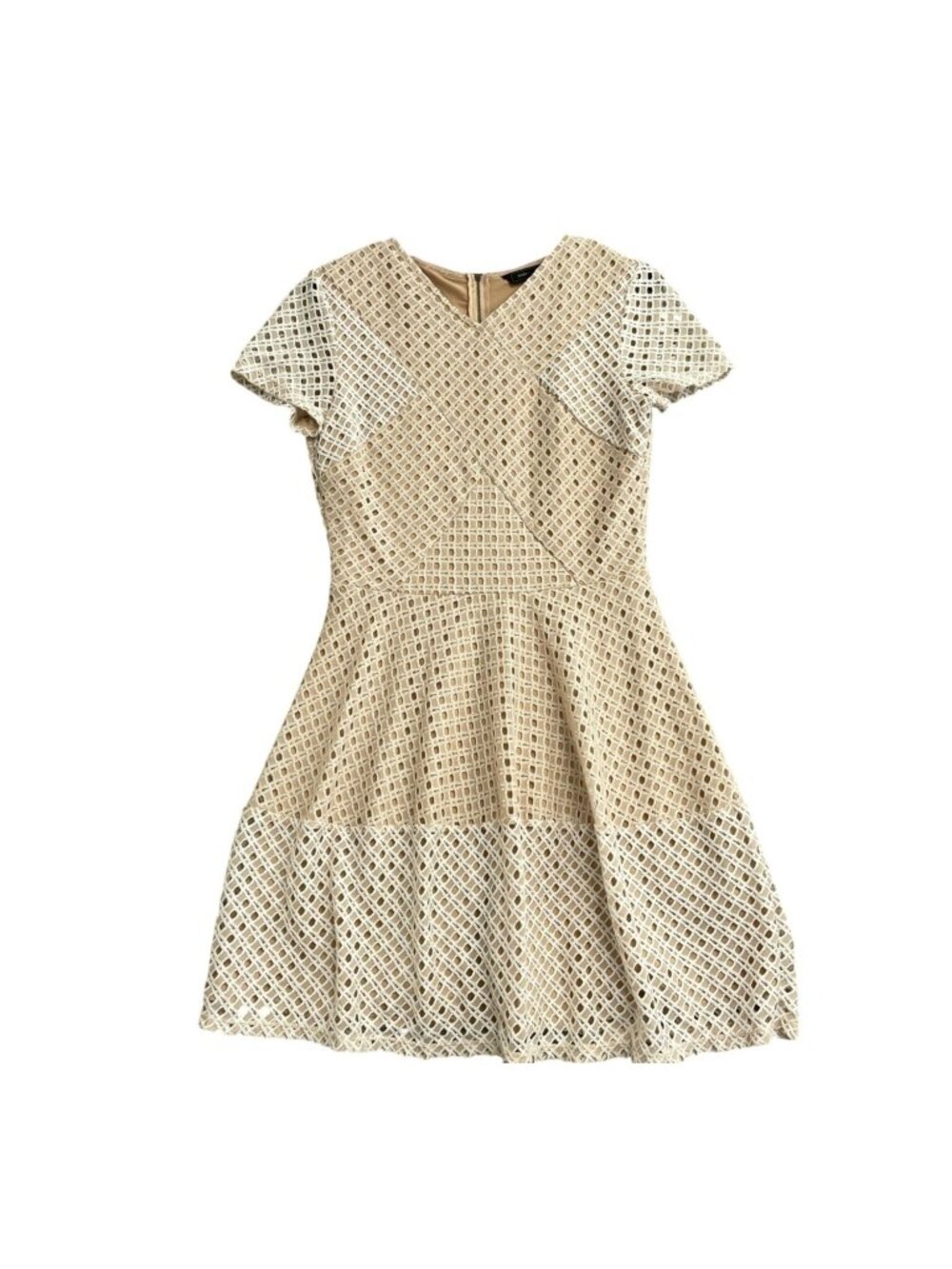 BCBG Max Azria Women's M Cream Lace Fit & Flare Short Sleeve Mini Dress B1092